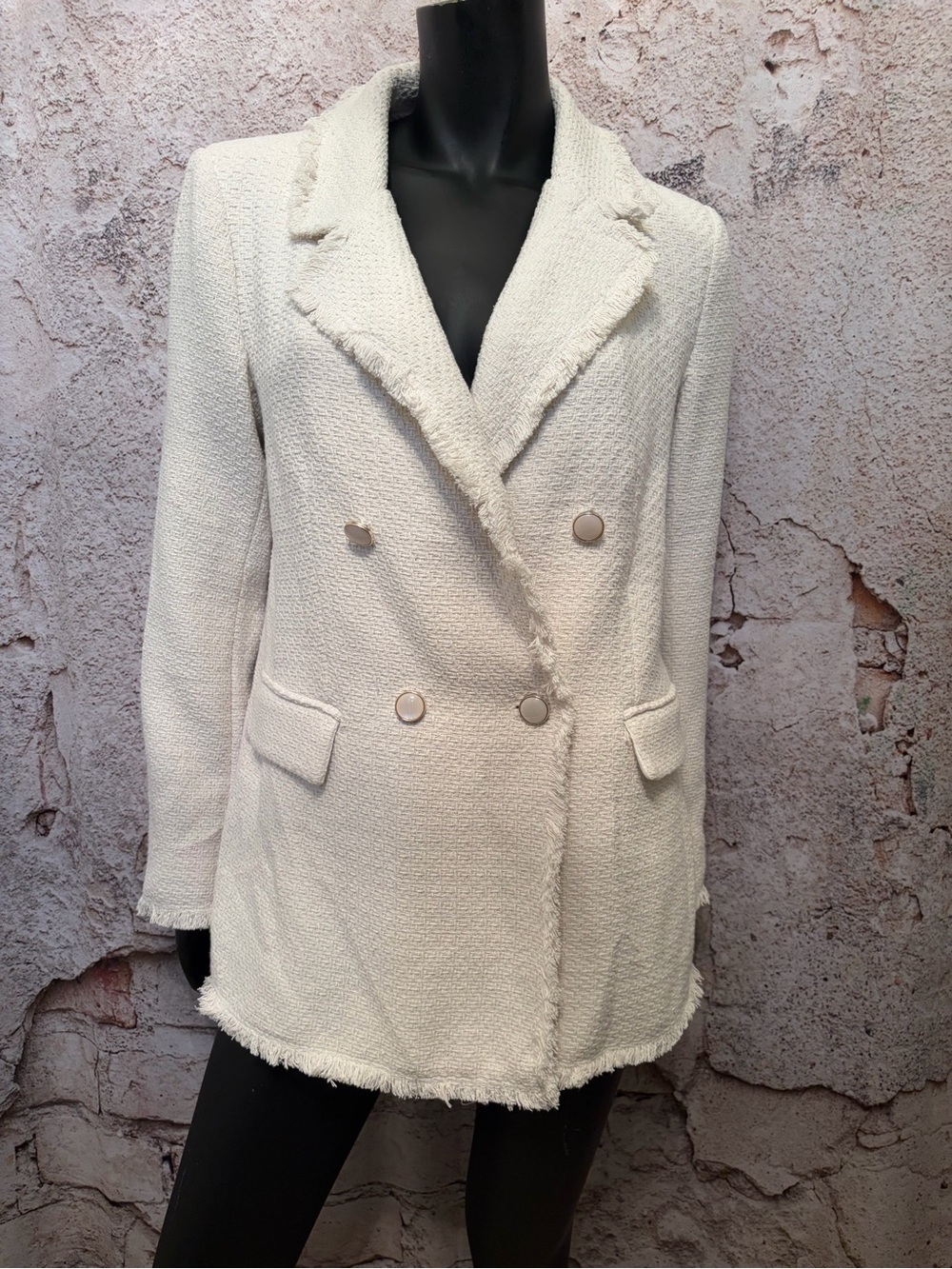 Black Tape Ivory Fringed Blazer with Pearlized Buttons